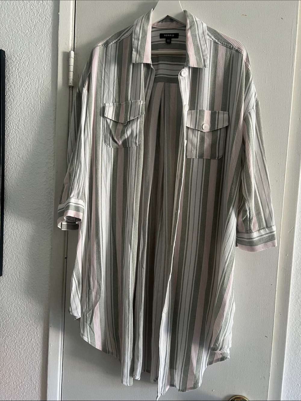 Torrid Light Green & Pale Pink Striped Button-Down Shirt tunic oversized